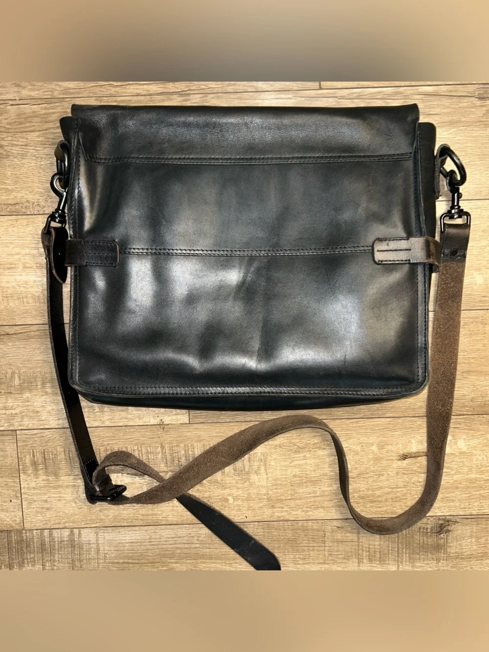 Allsaints Messenger Storm Bag Black Distressed Leather Laptop Organizer Pockets